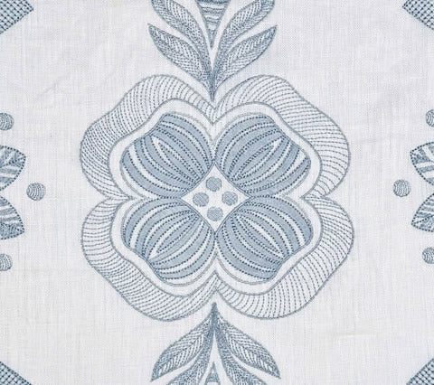 Quadrille Fabric: Folkstone Embroidery - Ice Blue on White 100% Linen