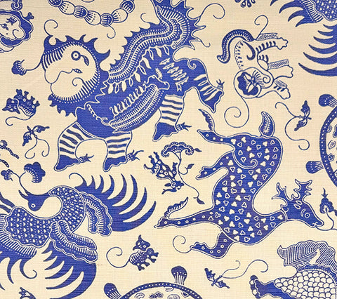China Seas Fabric: Indramayu - Custom French Blue on Cream Belgian Linen / Cotton