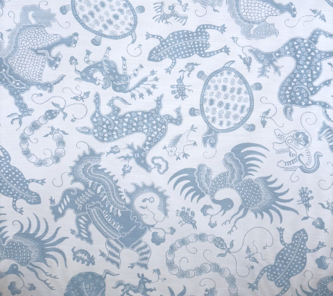 China Seas Fabric: Indramayu - Custom Bali Blue on White Belgian Linen / Cotton