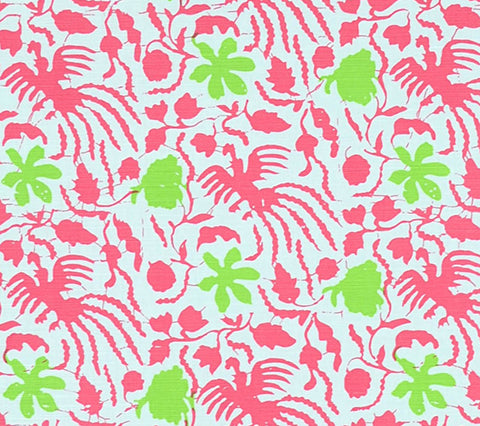 Patterned fabric with pink and green floral designs on a white background