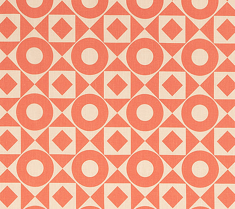 Home Couture Fabric: Circles & Squares One Color - Custom Tomato on Tan 100% Soft Washed Linen