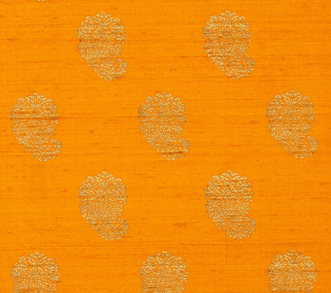 China Seas Fabric: Bangalore Paisley - Custom Gold on Orange 100% Silk Shantung