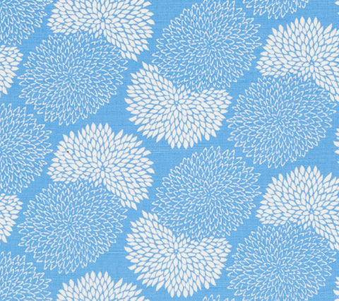 China Seas Fabric: New Chrysanthemum Reverse - Custom New Blue on White Belgian Linen / Cotton