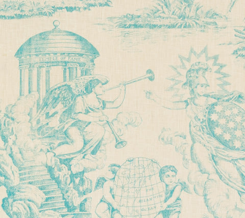 Quadrille Fabric: Independence Engraving - Custom Turquoise on Tinted 100% Linen