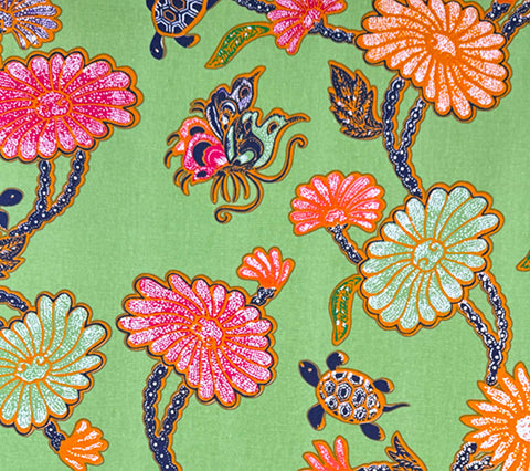 China Seas Fabric: Turtle Batik - Custom Turtle Green on Tinted Mandarin Oyster Linen / Cotton