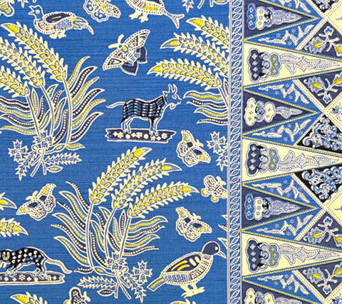 China Seas Fabric: Malay Batik - Custom French Blue / Multi on Tinted Belgian Linen / Cotton