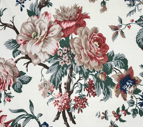 Quadrille Fabric: Hampton Peony - Multi color on Ecru 100% Cotton Glazed Chintz