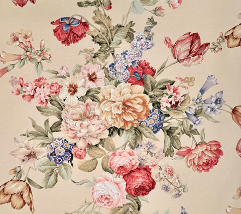 Quadrille Fabric: Virginia - Multi Color on Old Beige; printed in Italy on Linen / Cotton ground