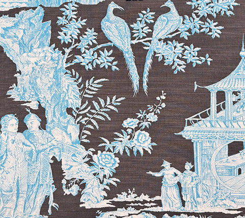 Quadrille Fabric: Paradise Garden - Custom Turquoise / New Charcoal Belgian Linen / Cotton
