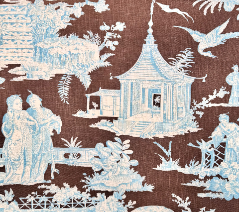 Quadrille Fabric: Paradise Garden - Turquoise / Brown on Tinted Belgian Linen
