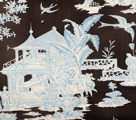 Quadrille Fabric: Paradise Garden - Custom Turquoise / Brown on Tinted Belgian Linen / Cotton