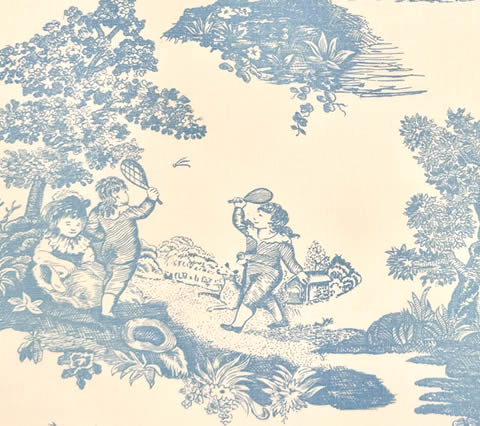 Quadrille Fabric: Les Enfants Engraving- French Blue on Tinted Belgian Linen / Cotton