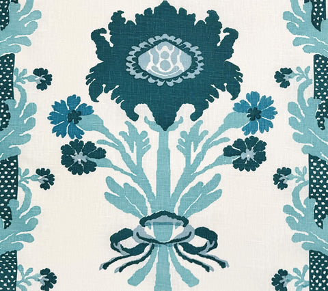 Quadrille Fabric: Henriot Floral - Custom Turquoise / Green on Tinted Belgian Linen / Cotton