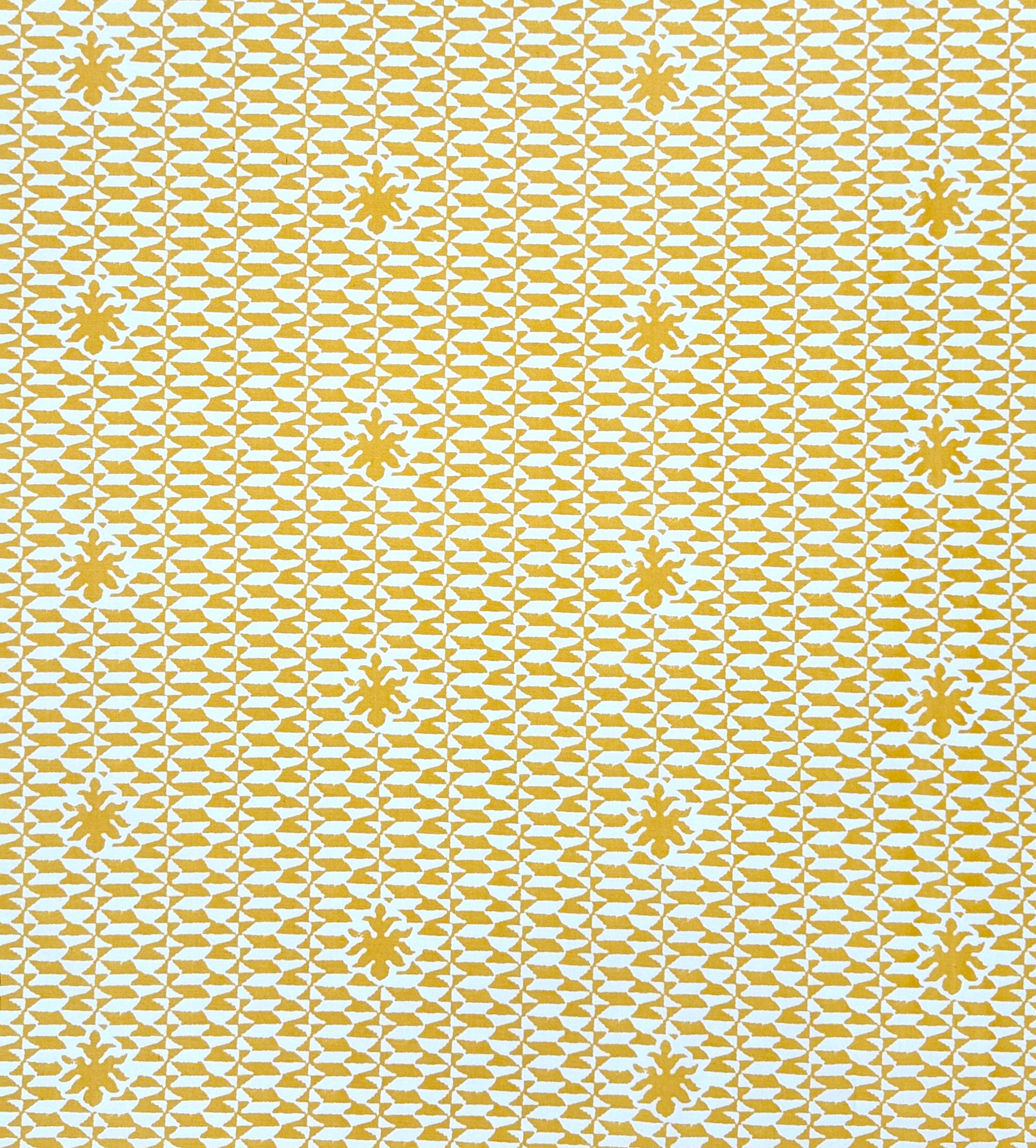 Pattern of yellow stars and geometric shapes on a white background