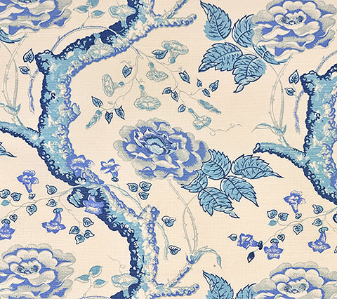 Quadrille Fabric: Tree Peonie - Custom Multi Blues on Tinted Belgian Linen / Cotton