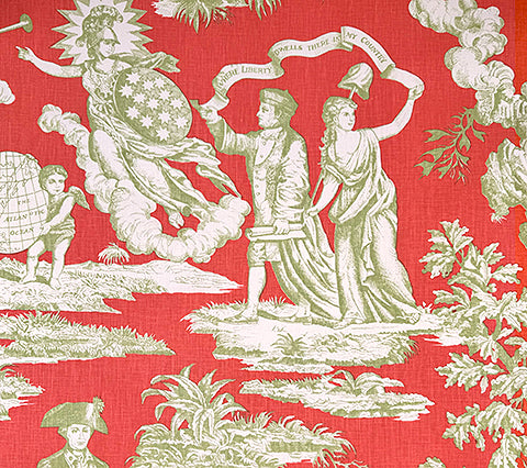 Quadrille Fabric: Independence Toile - Custom Green / Orange on Tinted 100% Linen