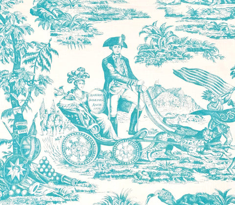 Quadrille Fabric: Independence Engraving - Custom Turquoise on White 100% Linen