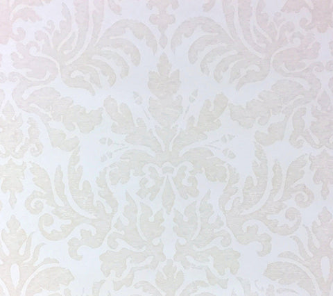 Quadrille Wallpaper: Sevilla Damask - Custom Tan on Almost White Paper (5 yard minimum)