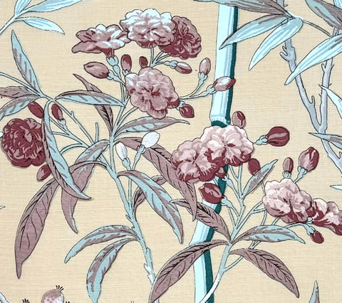 Quadrille Fabric: Enchanted Garden Bamboo - Reds / Silver / Green on Beige Linen / Cotton