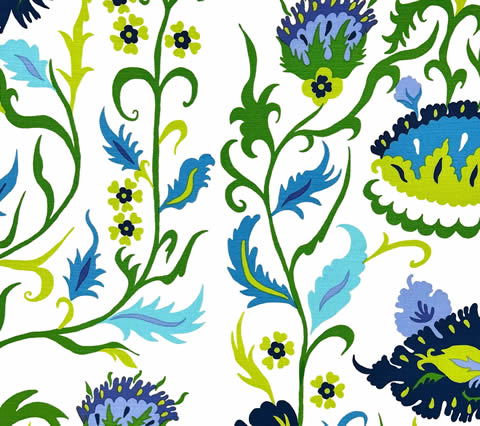 Quadrille Fabric: Uzbek Large Scale - Custom Multi Blues / Green / Royal on White Belgian Linen / Cotton