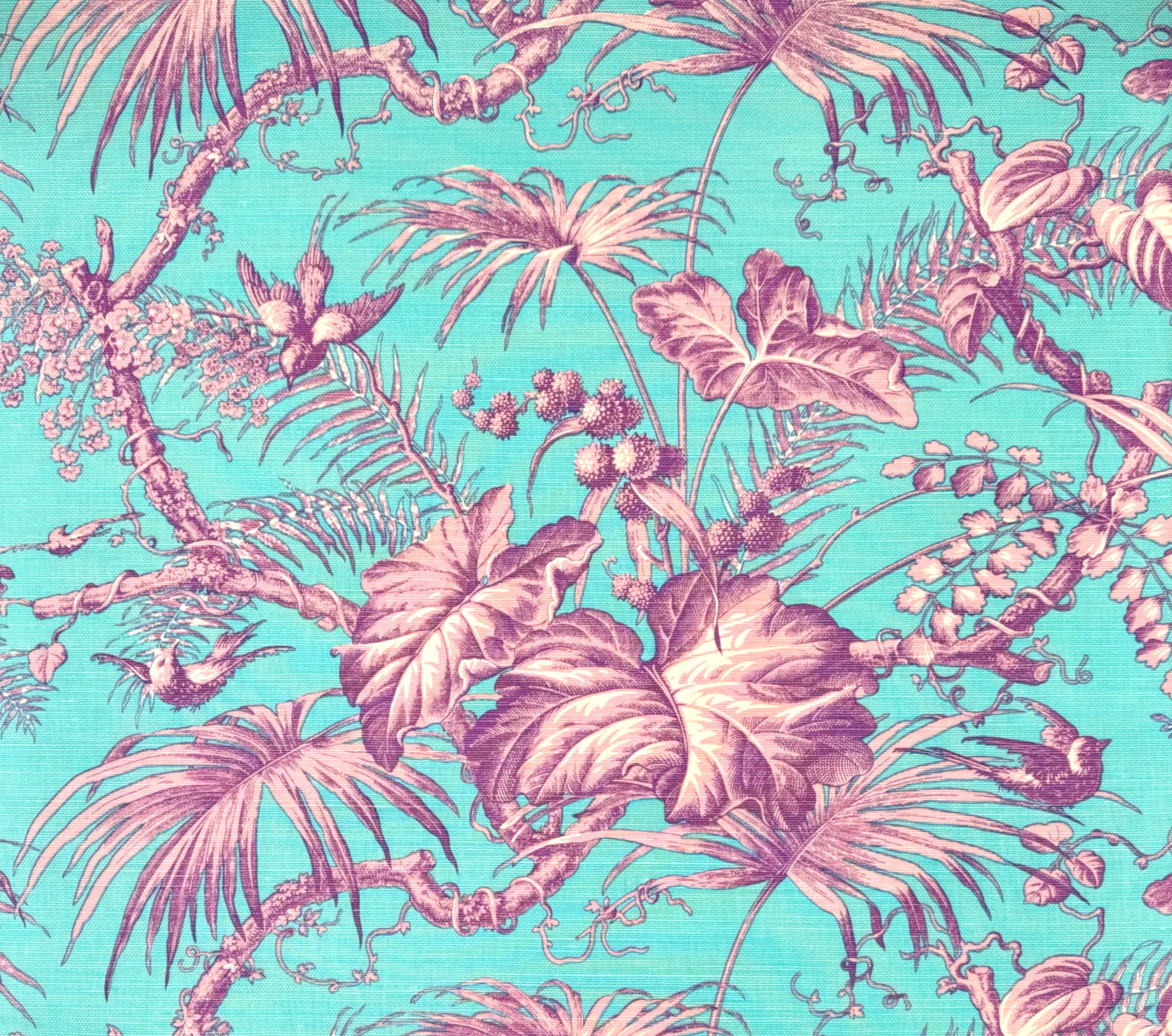 Tropical floral pattern with pink leaves and birds on a turquoise background