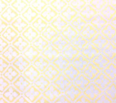 Quadrille Prints: Puccini - Custom Pale Yellow small batik floral print on White 100% Silk Taffeta hand-printed fabric