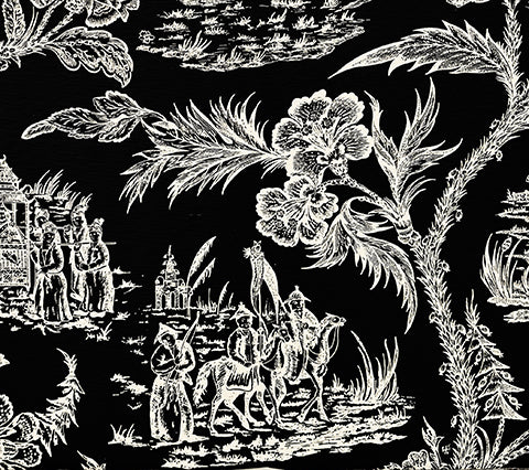 Quadrille Fabric: Royal Journey Reverse II - Custom Black on Tinted Belgian Linen / Cotton