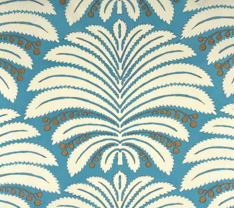 Quadrille Fabric: Palm Garden - Custom Cadet Blue / Hazelnut on Cream Suncloth (OUTDOOR)
