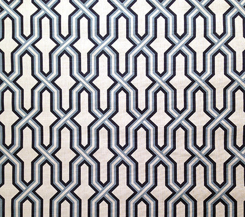 China Seas Fabric Gorrivan Fretwork Custom Navy Periwinkle geometric print on White Belgian Linen Cotton