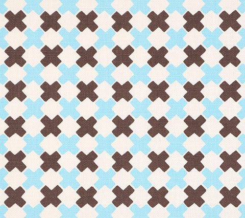 China Seas Fabric: Double Cross Multi - Custom New Blue / Brown on White Belgian Linen / Cotton
