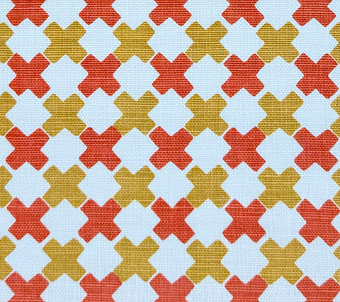 China Seas Fabric: Double Cross Multi - Custom Inca Gold / New Shrimp on Tinted Belgian Linen / Cotton