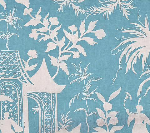 China Seas Fabric: Lyford Background - Custom Turquoise on White 100% Linen