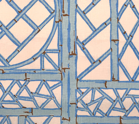 China Seas Fabric: Lyford Trellis - Custom Light Blue / French Blue / Brown on White 100% Linen