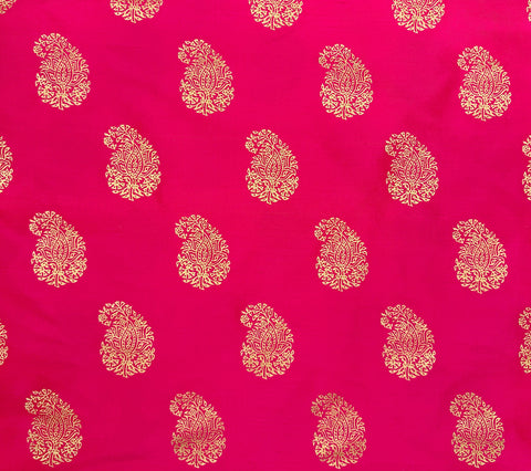 China Seas Fabric: Bangalore Paisley - Custom Gold on Fuchsia - 100% Silk Shantung