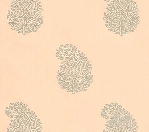 China Seas Fabric: Bangalore Paisley - Custom Silver on Light Pink 100% Silk Shantung