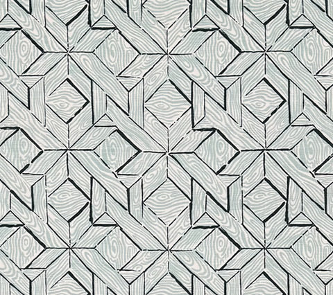 China Seas Fabric: Parquetry - Custom Blue / Turquoise on White Belgian Linen / Cotton
