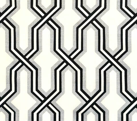 China Seas Fabric: Gorrivan Fretwork - Custom Black / Silver on White Belgian Linen / Cotton