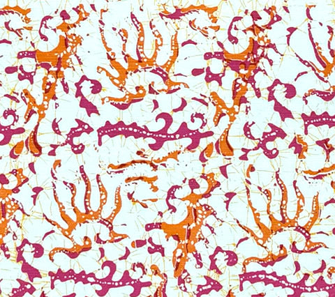 China Seas Fabric: Hulai Batik - Magenta / Orange on White Belgian Linen / Cotton