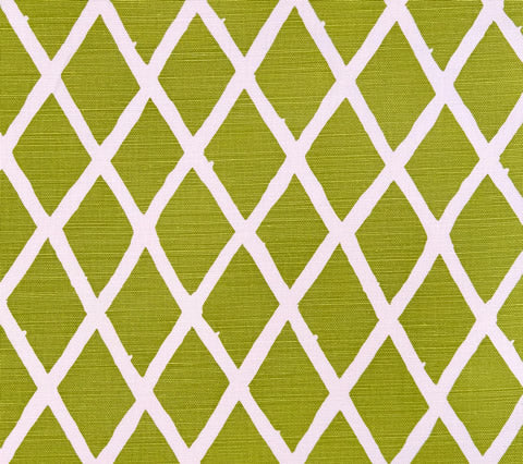 China Seas Fabric: Lyford Diamond Bamboo - Custom Jungle Green on White Belgian Linen / Cotton