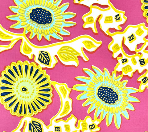 China Seas Fabric: Flora II - Custom Pink / Yellow / Green / Blue on White Cotton Sateen