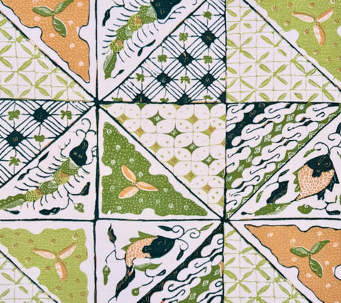 China Seas Fabric: Sunnyjim Batik - Custom Multi Greens / Tan on Tinted Belgian Linen / Cotton