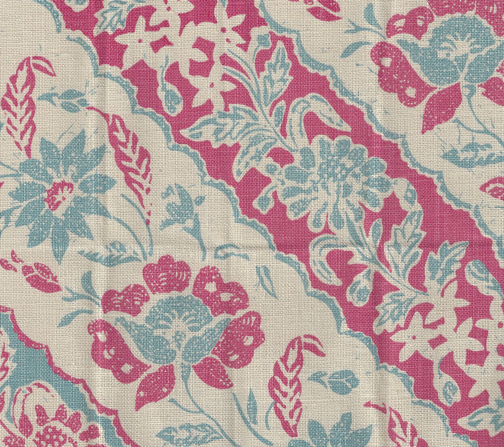 China Seas Fabric: Lim Diagonal - Custom Vapor / Magenta on Tan 100% Belgian Linen detail