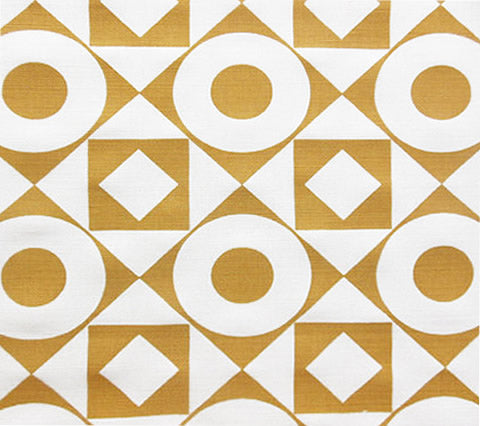 Home Couture Fabric: Circles & Squares Reverse - Custom Mustard on White Belgian Linen/Cotton