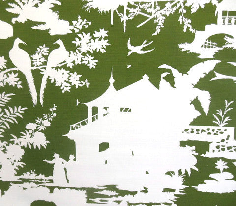 Quadrille Fabric: Paradise Background - Custom Olive Green on Tinted Belgian Linen / Cotton