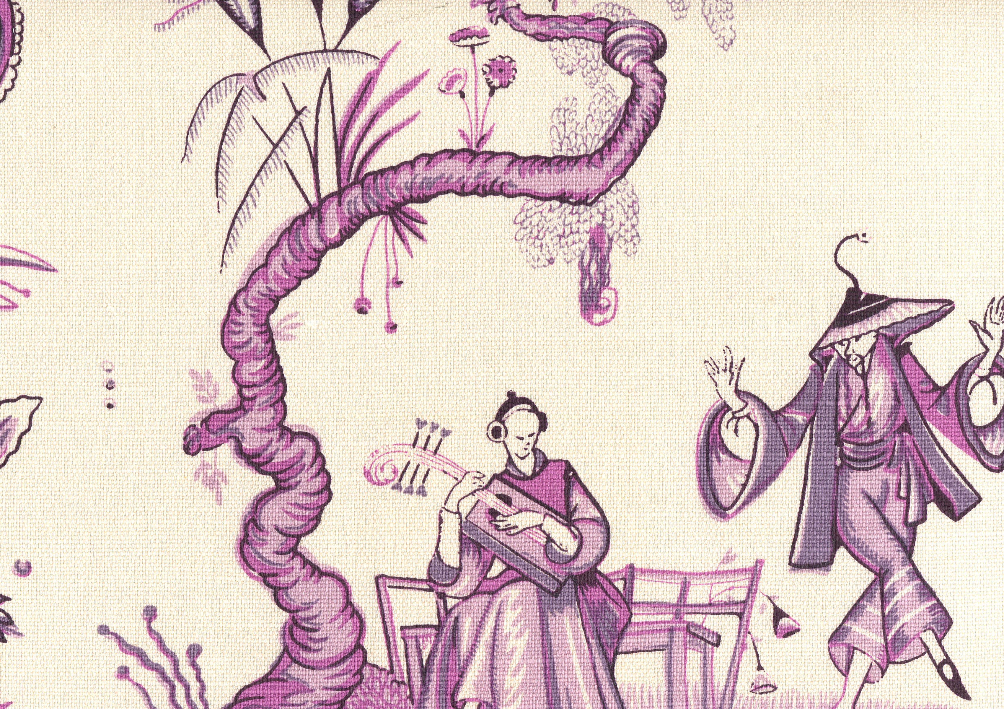 A close-up of a fabric or wallpaper pattern featuring a traditional Japanese-style illustration in purple and magenta on a warm cream background, showing figures, a curved tree trunk, and hanging floral details.