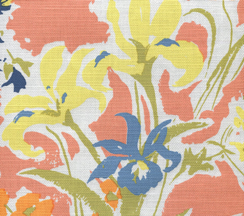 China Seas Fabric: Flowers II - Custom Multi Coral / Yellow / Green / Orange on Belgian Linen / Cotton