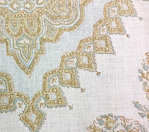 Home Couture Fabric: Persepolis - Custom Blue / Tobac / Taupe on White Belgian Linen detail