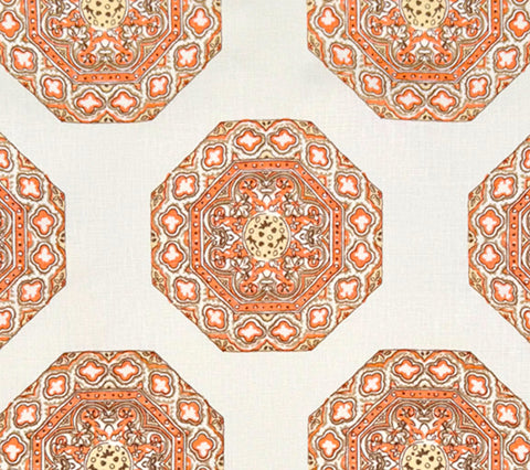 Home Couture Fabric: Medallion - Melon / Taupe / Camel on Cream 100% Linen