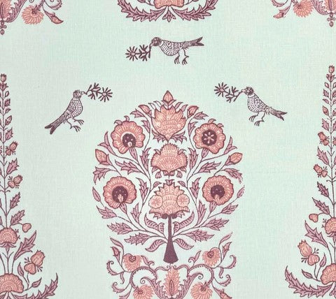 Home Couture Fabric: Kalamkari Allover - Custom Dark Pinks on White 100% Linen