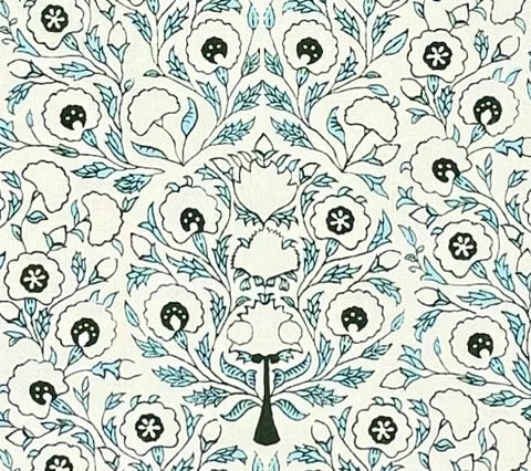 Home Couture Fabric: Kalamkari Floral - Custom Slate / Seaside on Ivory 100% Linen